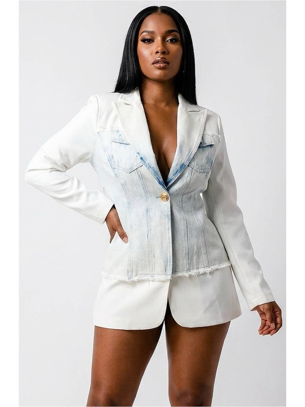 Women’s White Denim-Accent Blazer Jacket